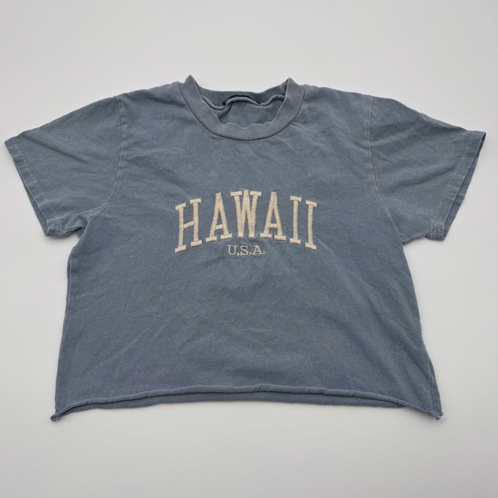 Brandy Melville Hawaii USA Embroidered Crop Top Blue Faded Short Sleeve Tee